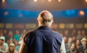 Man with thinning hair, seen from behind, addresses an audience in a dimly lit venue with colorful stage lighting.